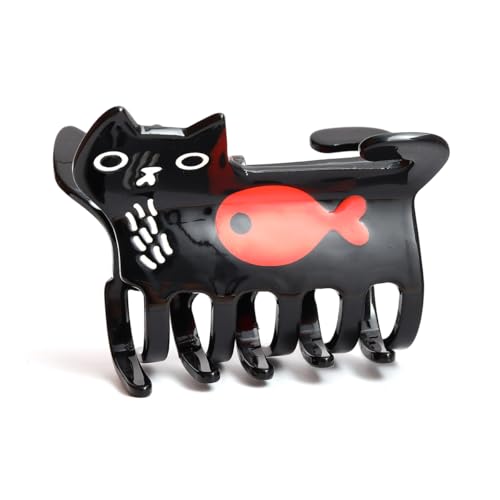 Cat Hair Claw Clips for Women Girls Cute Big Hairpins,Black Cat with Red Fish Splicing Personalised Hair Claw Kawaii Funny Cat Style Medium Clips for Thin Hair, Animal Hair Accessories Gift