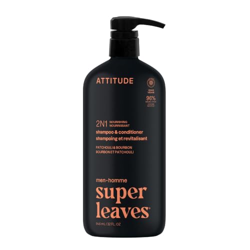 Image of ATTITUDE Men's Shampoo and Conditioner 2-in-1, Nourishing For Dry Hair and Scalp, With Panthenol and Ginseng, 97% Natural Origin Ingredients, EWG Verified, Patchouli & Bourbon, 32 Fl Oz