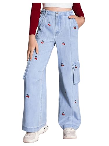 WDIRARA Girl's Cherry Print Cargo Jeans Elastic Waist Wide Leg Denim Pants with Flap Pockets