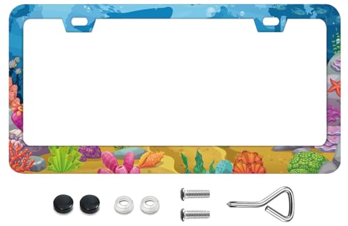 Cool License Plate Frames Underwater Coral Reef Vibrant Marine Life License Plate Frame with Screws Metal Funny License Plate Cover Holder 6.3 X 12.3 inch for Car Decoration for Women Men LICEPLAME