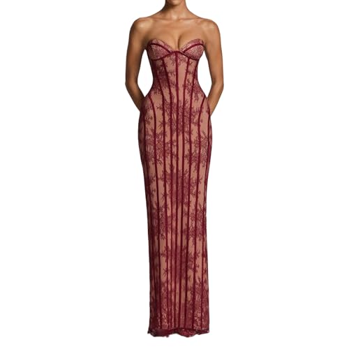 Robe longue de soirée ajustée anti-glisse à corset en dentelle