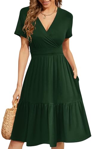 Image of Women's Casual Summer Dress V Neck Short Sleeve Flowy Stretchy Comfort Fit for Daily Wear Work Midi Dresses