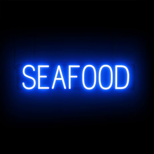 Image of SpellBrite LED Neon SEAFOOD Sign for Business - Blue, 28 inch x 6 inch | Ultra-Bright Click-Together Signage for Restaurants, with Visibility from 500 Feet - 8 Animations, 6 Brightness Settings