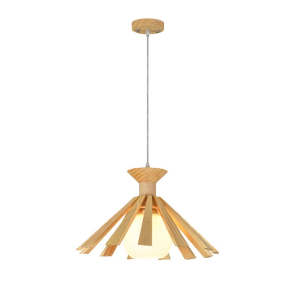 BLOOHK Modern Scandinavian Wood Pendant Light, Japandi Slatted Wooden Shade with Opal Glass Globe, Minimalist Hanging Fixture for Dining Room, Kitchen Island, Bedroom(42cm*25cm)