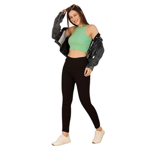 Image of 4FLIES Women's High Waist Slim Fit Jeggings | Super Combed Denim Stretch Ankle-Length Pants with Wide Waistband | Comfortable, Breathable Denim Look Leggings for Casual, & Office Wear