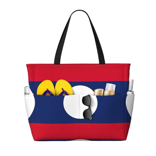 Sac fourre-tout de voyage imperméable grand format noir, sac à bandoulière plage drapeau du Laos