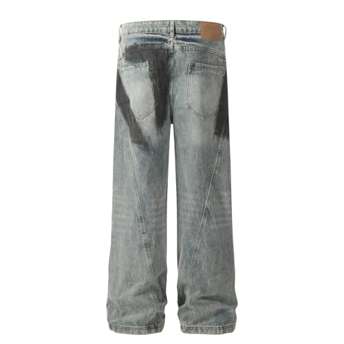 Jeans Pants Trousers Denim Street Trendy Punch Washed Blue Hand Painted Design Personalized Commuter Straight Leg for Men4