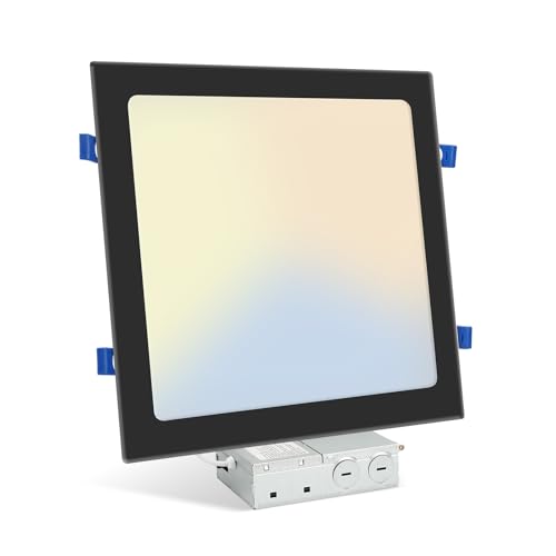 HONZIN 1 Pack 12 Inch Square Recessed Lighting, 5CCT Ultra-Thin LED Downlight, 2700K-3000K-3500K-4000K-5000K Selectable, Dimmable, 24W, IC Rated Canless Ceiling Lights with Junction Box, Black Trim