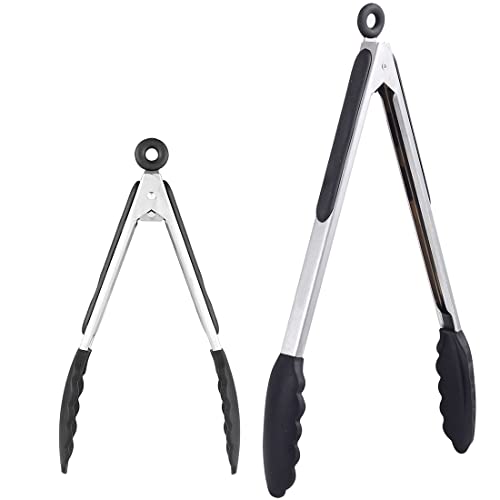 Pinze da Cucina,GWCLEO Pinze da Barbecue Professionale in Acciaio Inox e Silicone,Pinze da Buffet e Servire con Anti-Graffiano Punte e Manico Impugnatura in Silicone Anti-Scivolo(Nero,9 e 12 Pollici)