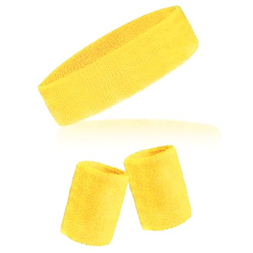 Sucrain Juego de 3 bandas para el sudor a rayas, 1 diadema deportiva y 2 pulseras, banda para la cabeza que absorbe el sudor para hombres y mujeres, traje deportivo (amarillo)
