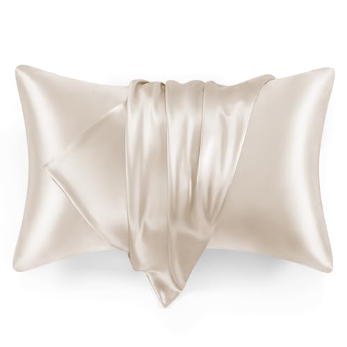 Love's cabin Satin Pillowcase for Hair and Skin, Similar to Silk Pillow Cases 2 Pack, Pillow Cases Standard Size Set of 2, Satin Cooling Pillow Covers with Envelope Closure, 20x26 Inches, Beige