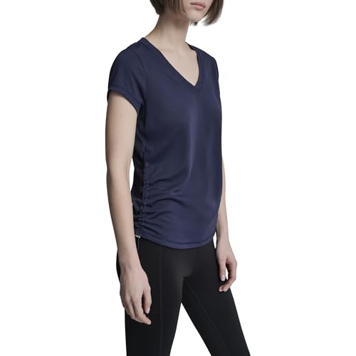 Image of DKNY Women's Short Sleeve V-Neck Tech Ruched Side Seam Active T-Shirt
