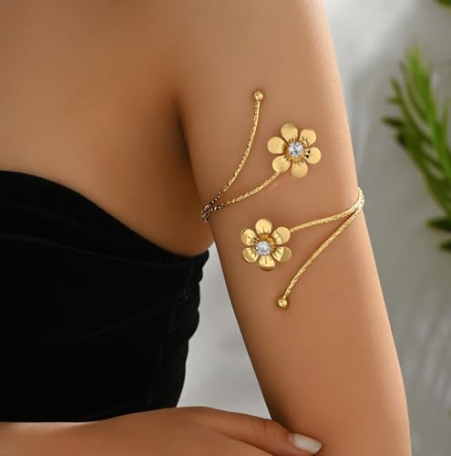 ItsStarred Elegant Gold Arm Cuff Bracelet Set for Women - Adjustable Flower & Wave Designs, Chic Upper Arm Bangles for Summer and Beach Fashion - Image 2