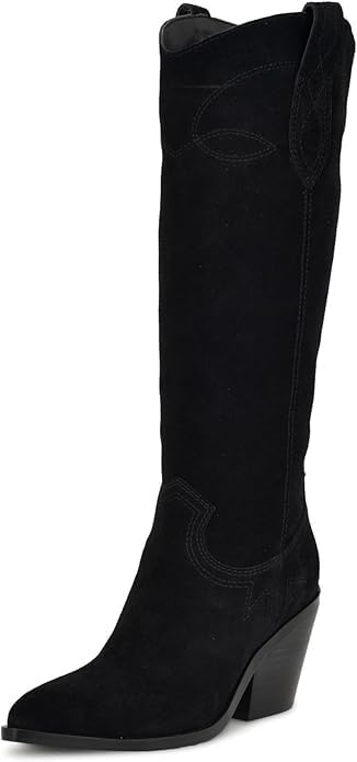 Mattiventon Black Cowboy Boots for Women Knee High Cowgirl Western Boots Pointed Toe and Block Heel Suede Long