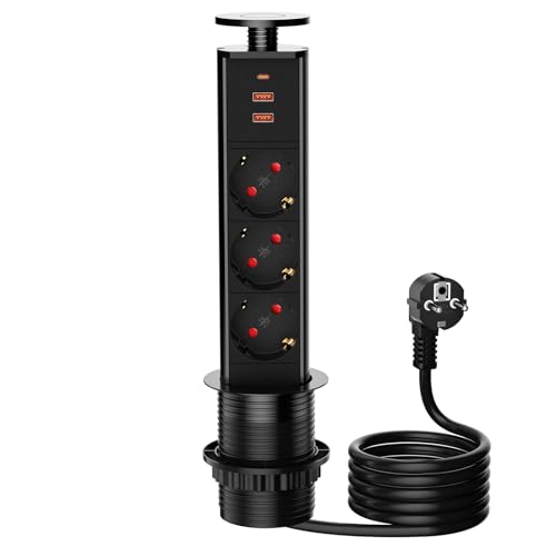 Enchufe de Mesa retráctil de 3 enchufes con 3 Cargadores USB, Cable de 1,8 m para estación de Trabajo de Oficina, encimera de Cocina, Color Negro