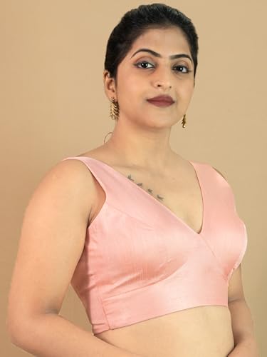Image of FIGURE'S DESIGNER Women's Dupion Raw Silk Sleeveless V Neck Sabyasachi Cut Readymade Saree Blouse Padded Stitched S4