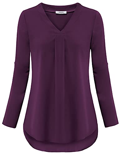 Youtalia Womens Business Casual Tops, Womens 3/4 Cuffed Sleeve Chiffon Casual Blouse Cute V Neck Tunic Blouse Pleated Shirt Relaxed Fit Work Blouses For Women Office Professional Magenta Medium #TOP3