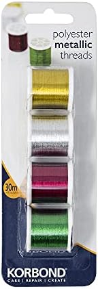 Korbond 4pcs Metalic Set-120m Thread 4 x 30m Spools Red, Green, Silver, Gold-Ideal for Embroidery, Hand, Quilting, Machine, Sewing, Christmas Decorations, Polyester, 120m