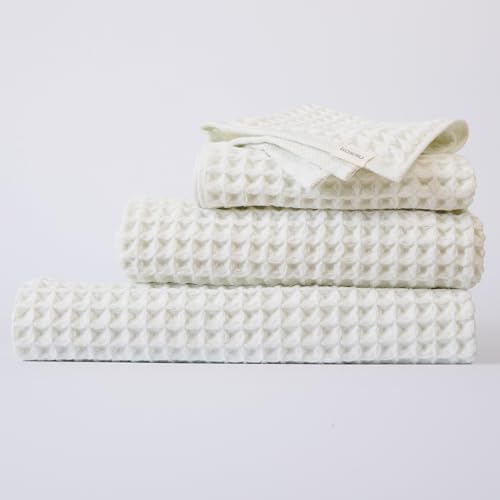 Luxury Organic Japanese Cotton Waffle Bath Towel | Thick, Absorbent, Quick Dry Bathroom Towels for Shower, Sauna, Onsen| Hotel & Spa Quality, Gift-Ready (Shell White, Complete Set (4-Piece))