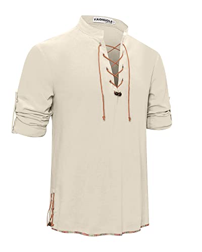 YAOHUOLE Mens Cotton Traditional Retro Style Medieval Costume Linen Lace up Long Sleeve Shirts Viking Hippie Matching Khaki 2XL