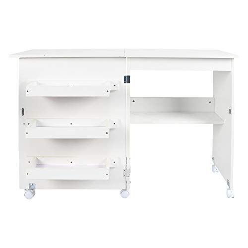 NSdirect Sewing Table, Foldable Sewing Craft Cart&Sewing Cabinet Miscellaneous Sewing Kit Art Desk with Storage Shelves and Lockable Casters, White