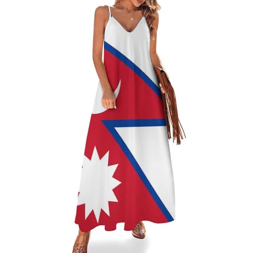 LeDiYouGou Damen Sexy Kleid Elegantes, ärmelloses Nepal Nationalflaggendruck Lockere Passform Partykleid, Spaghetti Strap Maxikleid Cocktailkleid, L