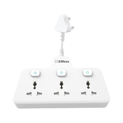 Image of EMBOX Multi Plug Socket 2500 W | Extension Board with Switches | 3 Universal Sockets Multi Plug Adapter Fast Charging No Block Design, White