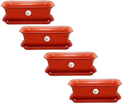 Image of Window Rectangular Plastic Flower Pots with Bottom Tray, Red, 20 Inch, 4 Pieces (1 Small Pot Free) Make Garden, Vegetables, Indoor /Outdoor Pots Lightweight, Uv Resistant, Durable