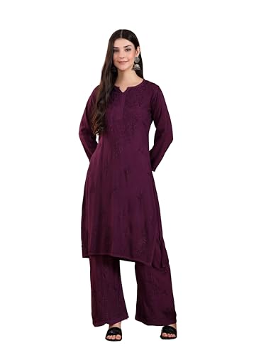 Image of POSHAK CHIKAN STUDIO Women's Hand Embroidered Lucknowi Chikankari Rayon Co-ord Set