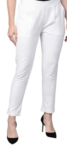 Women's Elastic Waist Cotton Pants, Straight Leg with Pockets