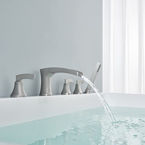 Artiqua Roman Tub Faucet Waterfall Deck Mount Tub Filler Brushed Nickel Bathtub Faucets 5 Hole Brass Bathroom Faucets With Hand Shower #TOP2