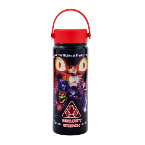Silver Buffalo Five Nights at Freddy's Stainless Steel Water Bottle with Swivel Handle Featuring Gregory, Vanny, Glamrock Freddy, Glamrock Chica, Montgomery Gator, and Roxanne Wolf, 20 Ounces