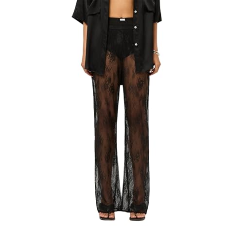 LYSINK Pantalones acampanados de encaje para mujer con abertura calada, cobertura de malla transparente, cintura alta, acampanados tipo campana, pantalones góticos punk hippie ropa urbana, S