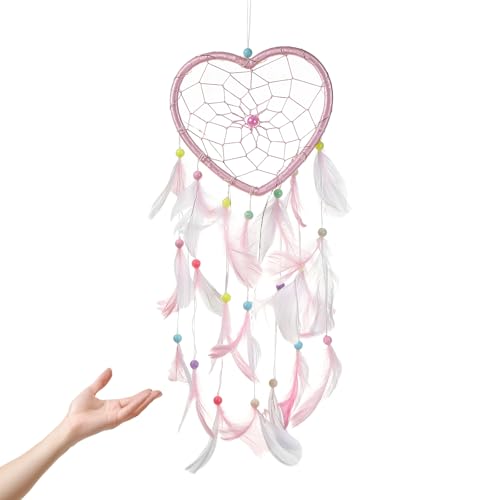 LINTRA Rosa Handgemachter Traumfänger, Herzförmiges Traumfänger Deko, Traumfängers Makramee mit Federschmuck und Perlen Dekor, für...