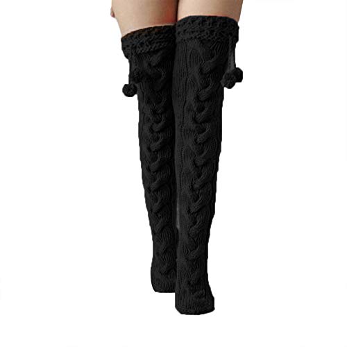 Women's Cable Knit Thigh High Boot Socks Extra Long Winter Stockings Leg Warmers ((Ball) Black)