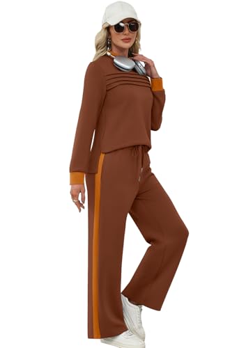 Image of WIHOLL Two Piece Sets for Women Fall Travel Vacation Outfits 2026 Long Sleeve Lounge Sets Side Slit Wide Leg Pants XS-3XL