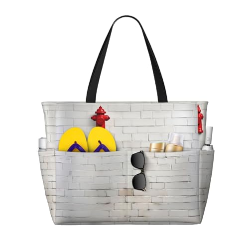 Old White Brick Wall Print Beach Tote Bag Large Travel Bag With Zipper And Pockets Lightweight Gym Bag