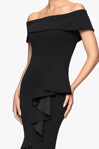 Image of Betsy & Adam Women's Women's Long Off Shoulder Cascade Ruffle Stetch Scuba Crepe Gown