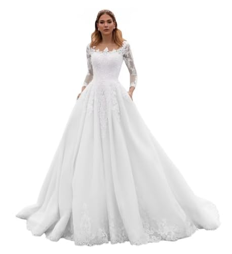 A Line Tulle Sleeves Weeding Dress for Women, Lace Appliques Long Bride Gowns with Pocket