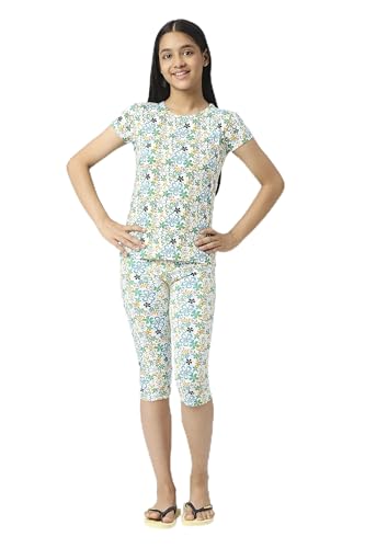 Image of SINI MINI Round Neck with Half Sleeve Top & Capri Beige Girls Casual Pack of 1 Night Suit Set
