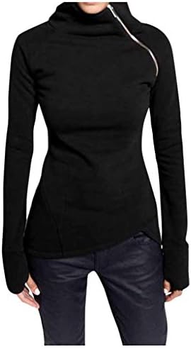 KIZOOM Women's Casual Solid Sweater Stretch Turtleneck Zipper Sweatshirts Pullover Long Sleeve Knit Sweater Tops Black