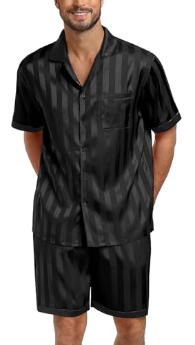 PrinStory Mens Pajamas Set Satin Silk Pajama For Men Sleepwear Shorts Summer 2 Piece Button Down Set S-XXL4