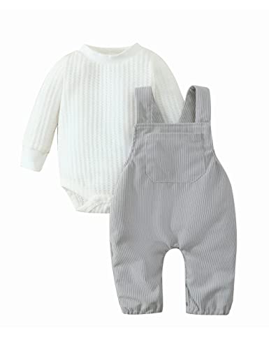 Image of FRLOONY Newborn Baby Girl Clothes Solid Ribbed Long Sleeve Romper + Corduroy Overalls Pants Set Infant Girls Outfits 2Pcs