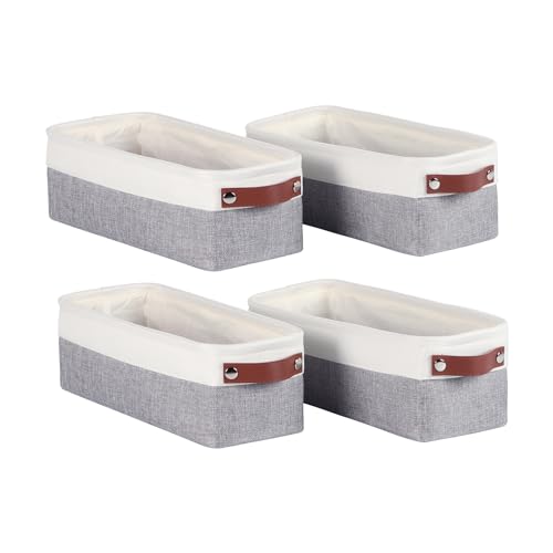 Univivi 4PC Small Fabric Storage Bins,15x6x5 inch Long Narrow Storage Baskets with PU Handles for Closet,Cabinet,Countertop Organizing Small Items (Gray,15x6x5 inch)