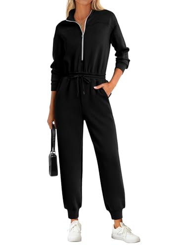 PRETTYGARDEN Long Sleeve Jumpsuits for Women Casual 2026 Fall Fashion Zip Up Pant Rompers One Piece Sweatsuits Travel Outfits (Black,X-Large)