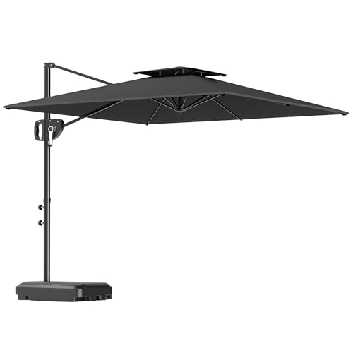Outsunny Parasol déporté carré 2,5 x 2,5 m, parasol de jardin extérieur avec manivelle, 2 bases incluses, toile polyester 200 g/m², double toit, 8 baleines, gris foncé