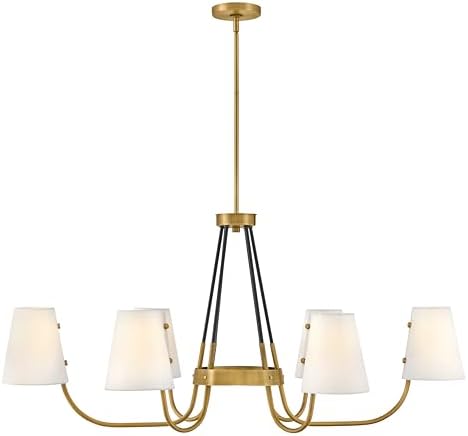 Hinkley Aston Six Light Chandelier, Two Toned, Curved Arms, Adjustable Height, Hang on Even or Sloped Ceilings, in Heritage Brass and Black Finish