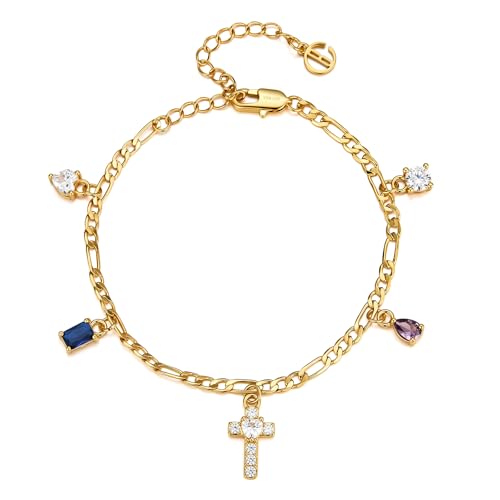 Cicy Bell 18K Gold Plated Link Bracelets for Women Cross Faith Heart Pear Round Rectangle Shape Cubic Zirconia Figaro Chain Bracelets Trendy Jewelry Gifts for Lover Mom Friends