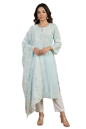 Kurta droite en pur coton W pour éviter la chaleur, ensemble brodé bleu avec pantalon taille M
