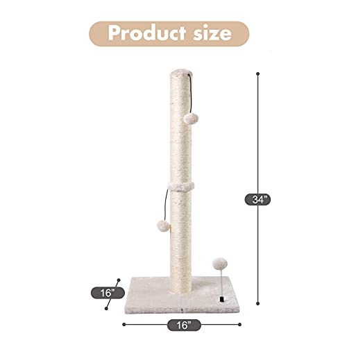 MECOOL 34” Tall Cat Scratching Post Premium Basics Kitten Scratcher Sisal Scratch Posts Trees with Hanging Ball for Indoor Cats, Beige - Image 5